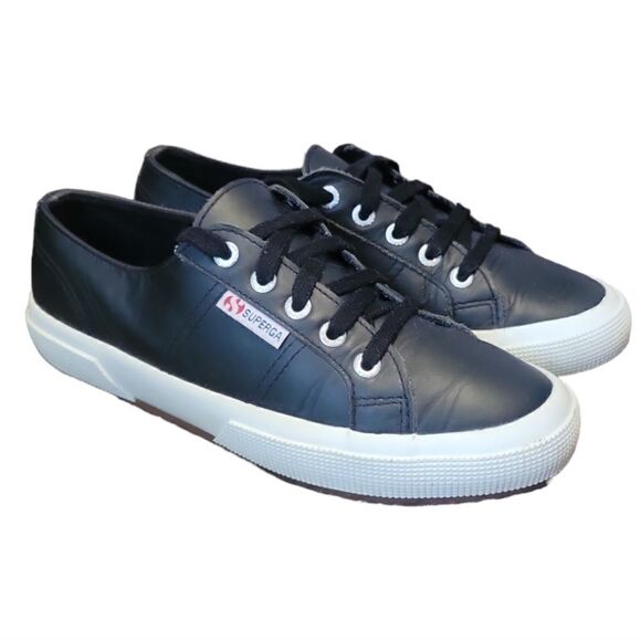 Superga Black Leather Classic Sneakers Shoes 7.5 women's - Picture 2 of 11